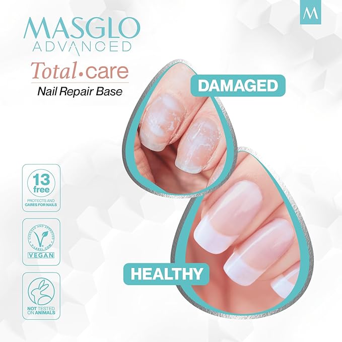 MASGLO Advanced Total Care Nail Strengthener – Post Gel Damage Recovery Treatment, 13-Free Vegan Fast-Dry Thickening Repair with Tea Tree Oil & Vitamins, Base Coat, Pink Tone & Shine (3in1)