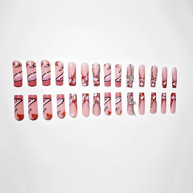 Press on Nails Coffin Long Length Acrylic Glossy Full Cover Square Shaped French False Nails with Designs Artificial Extra Long Fake Nails with Charms Glue ons Fingernails for Women(C006)