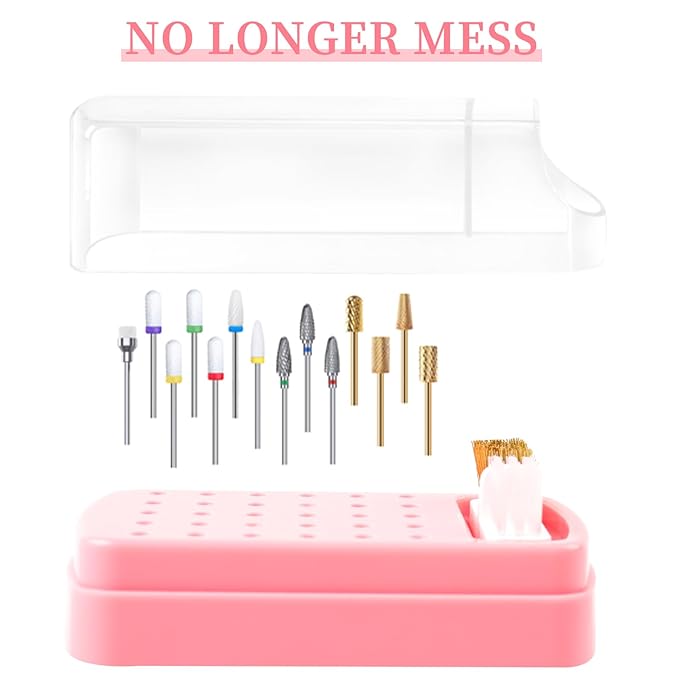 2 in 1 Nail Drill Bits Holder & Cleaning Brush Case, 30 Holes Dustproof Nail Art Drill Bits Stand Display Storage Box and Cleaner Manicure Tools (Pink)