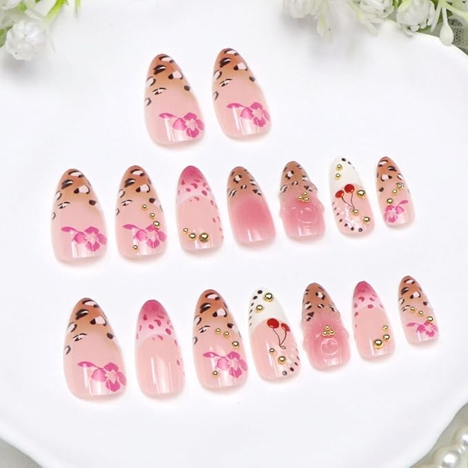 French Tips Press on Nails Almond Medium Fake Nails with 3D Flower Gold Pearl Leopard Fruit Designs Cute Nails Press ons Pink Brown White Acrylic Nail Fall Spring Summer Stick on Nail for Women 24Pcs