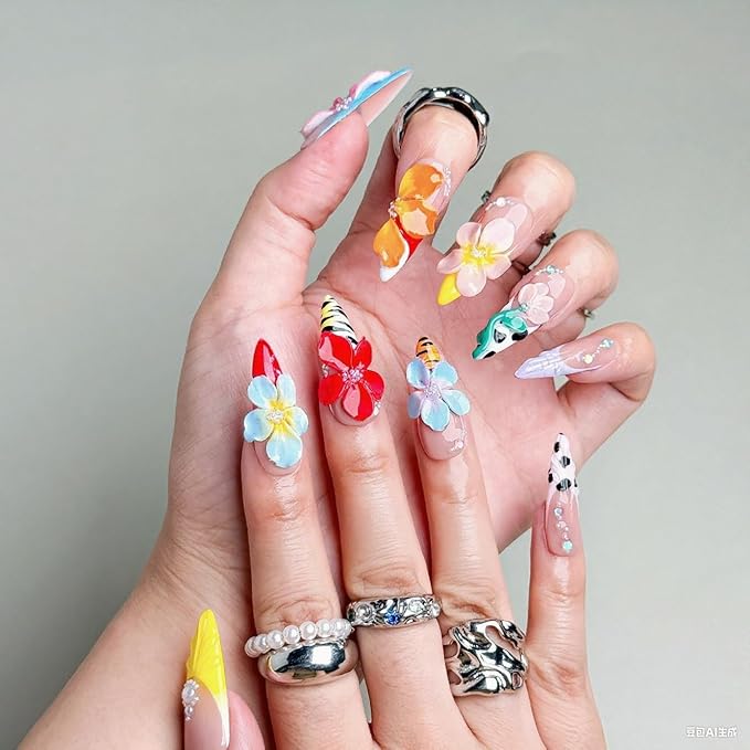Flower Press on Nails French Medium Almond Acrylic Nail 3D Colorful Floral Design Rhinestone Handmade Press on Nails Reusable Full Cover Thick False Nail Stick on Nails for Women（Size M)