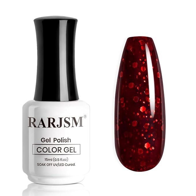 RARJSM Dark Ruby Red Sequin Glitter Gel Nail Polish Big Flakes Shiny Diamond Sparkly Chunky Silver Shimmer Pigments Gelpolish Soak off Curing Required for Nail Art Salon Manicure