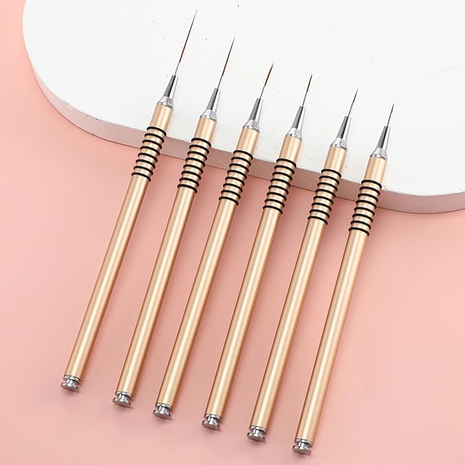 Metallic Nail Art Brushes 6 Pcs Non Slip Liner Brushes Set UV Gel Polish Painting Art Design Pen Silver Color Nail Tools for Long Lines Thin Details Fine Drawing Sizes 5/7/9/11/20/25mm (Gold)