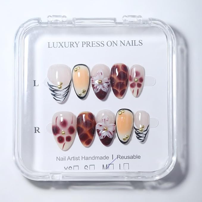 10Pcs Short Almond Handmade Press On Nails | Nude Pink & Brown Ombre with Tortoiseshell Print, 3D Floral & Gold Bead Decor | Reusable Salon-Quality Fake Nails for Women and Girls (251212, XS)