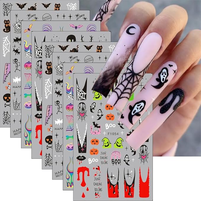 8 Sheets Halloween Nail Stickers Decals Horror Halloween Self Adhesive Nail Design Stickers Ghost Skull Black Cat Spider Web Nail Art Stickers for Women Girls DIY Manicure Nail Decoration
