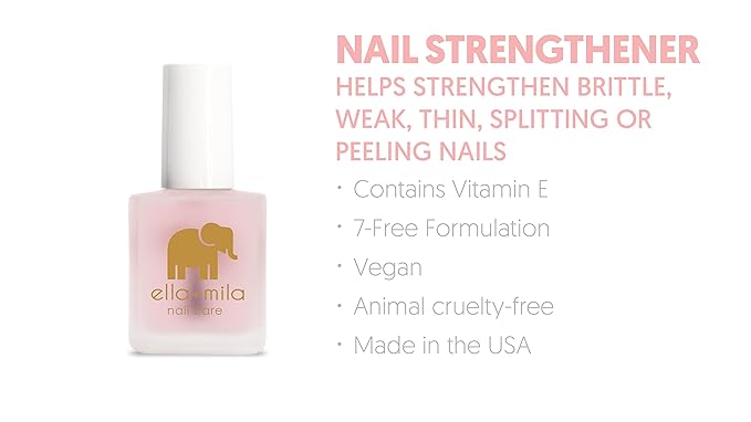 ella+mila Nail Strengthener and Growth Treatment - First Aid Kiss Nail Hardener for Damaged Brittle Thin Nails - Strengthening Polish with Vitamin E - Vegan (0.45 fl oz)