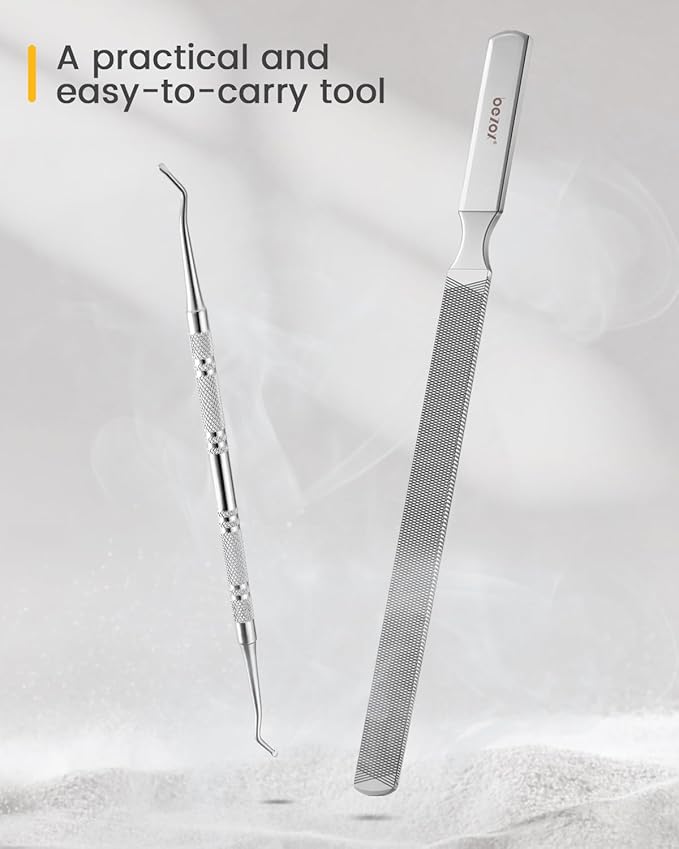 BEZOX Long Metal Nail File, Stainless Steel Fingernail File for Thick and Fungal Nails with Dual-Ended Toenail Lifter – The Ultimate Manicure & Pedicure Tool for Men and Women’s Nail Care - Silver