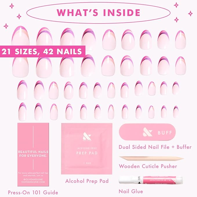 Olive & June Instant Mani Press-On Nails (Glue) | 42 Fake Nails, 21 Sizes | Non-Toxic, Long-Lasting Recycled Materials Realistic Look | Spring Flowers & Patterns | Long, Almond | Double French Twist