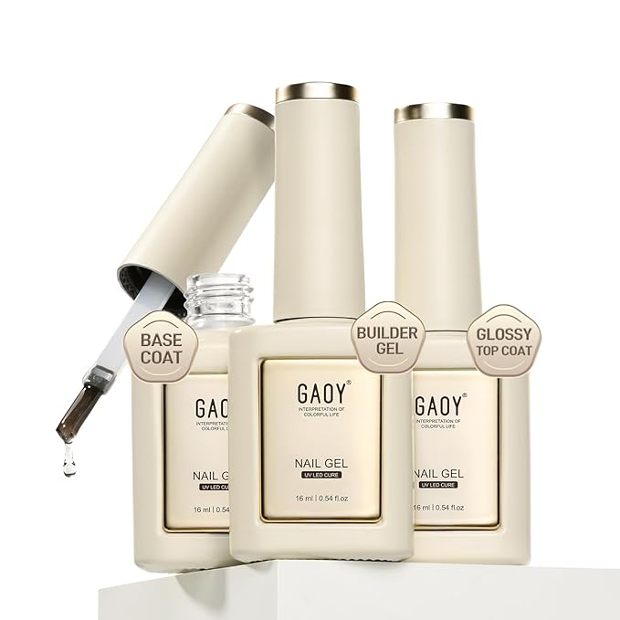 GAOY Gel Top Coat, Builder Gel and Base Coat Set, 16ml 3 Pcs Clear Glossy No Wipe Combination for Long Lasting UV Light Cure Nail Art DIY