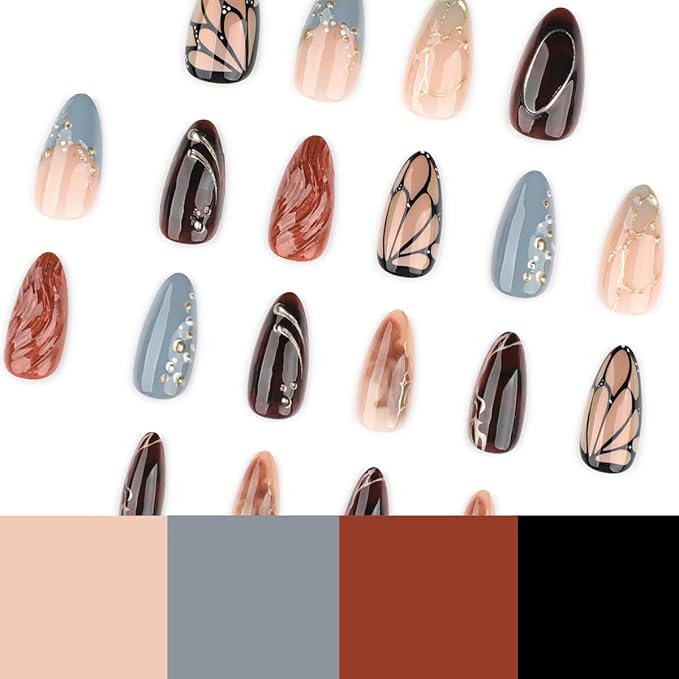 Butterfly Wing Press on Nails Medium Almond Fake Nails Brown Nails Press ons with Gold Accents Full Cover Stick on Nails for Women Spring Summer Manicure,Reusable | Glue Tabs | Easy Apply | 24Pcs