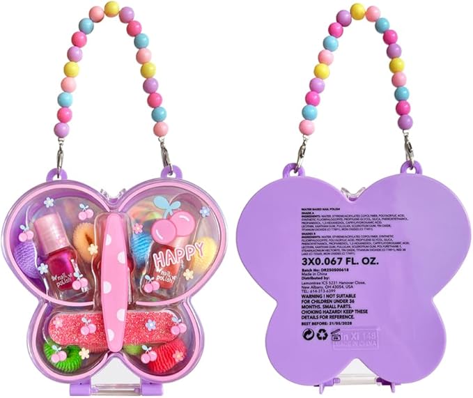 M&U MAKE YOU UP Butterfly Jewelry Case Nail & Hair Set - 3 Quick-Dry Polishes + 5 Fuzzy Elastics | Portable Beaded Clutch for Teens, FashionGift with Floral Charm Party Favors