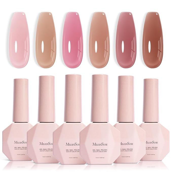 MelodySusie Jelly Gel Nail Polish Set,6 Transparent Colors,Milky or Jelly Texture,Pink and Nude Versatile Colors Soak Off UV LED Light Cure or Salon Manicure and Nail Art DIY at Home