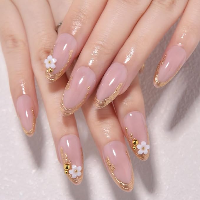 evpct Pink Press on Nails Short Almond with Gold Line, Gold French Tip Stick on Nail for Women Gift, Reusable Full Cover Soft Gel Press on Fake Nail with 3D White Flower Designs Perfectly Fit