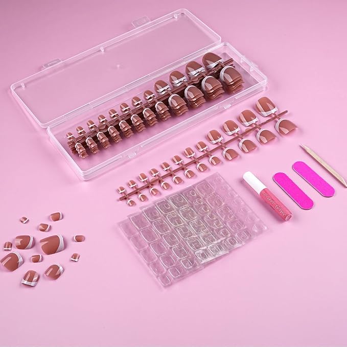 Lamemoria Pre-Design Geled Almond French Tip Press On Toenails,Medium White French Nail Toe Tips, Basic Salon Fake Nail Kit Set With Glue/Tabs/File, 240 PCS