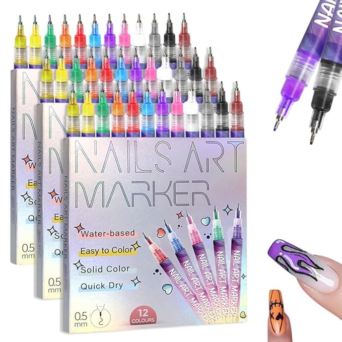12 Colors Nail Art Pens Set, Nail Art Markers Polish Pen for 3D Nail Art, Nail Art Pens for Painting Nails, DIY Drawing & Painting Nails with Fine Tip for Beginners & Kids (3 Set)