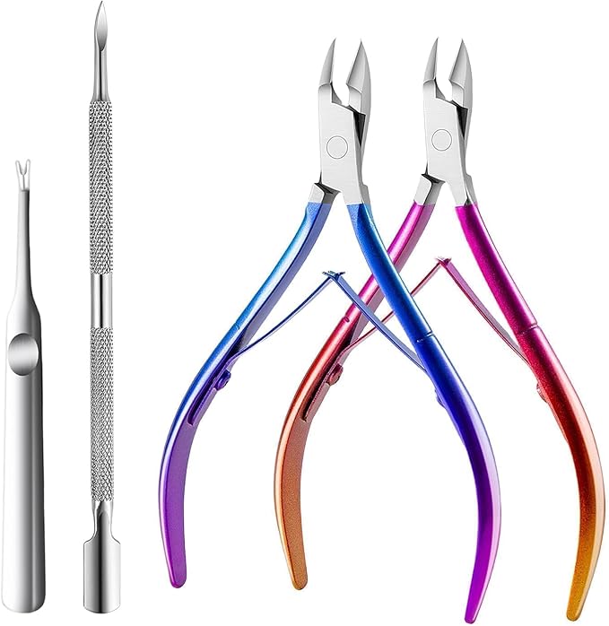 Cuticle Nipper, Polished Coated Durable Trimmer with Pusher, Nail Clipper with Fine Edge, Comfort Grip Cuticle Cutter and Remover Tool Kit for Nail Care (Rose+ Blue+ Pusher)