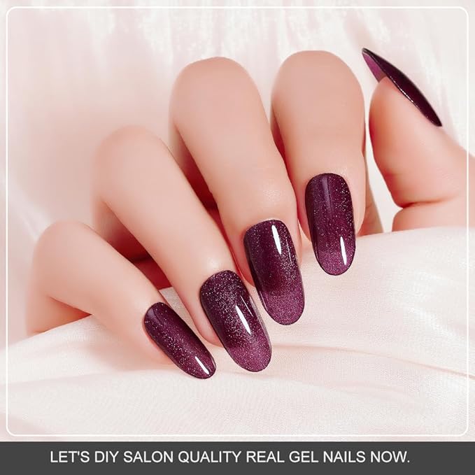 Arte Clavo Semi Cured Gel Nail Strips, 20 Pcs Gel Nail Stickers with UV Light Required, Salon Quality, Long Lasting, Easy Apply and Remove (Deep Plum Cat Eye)