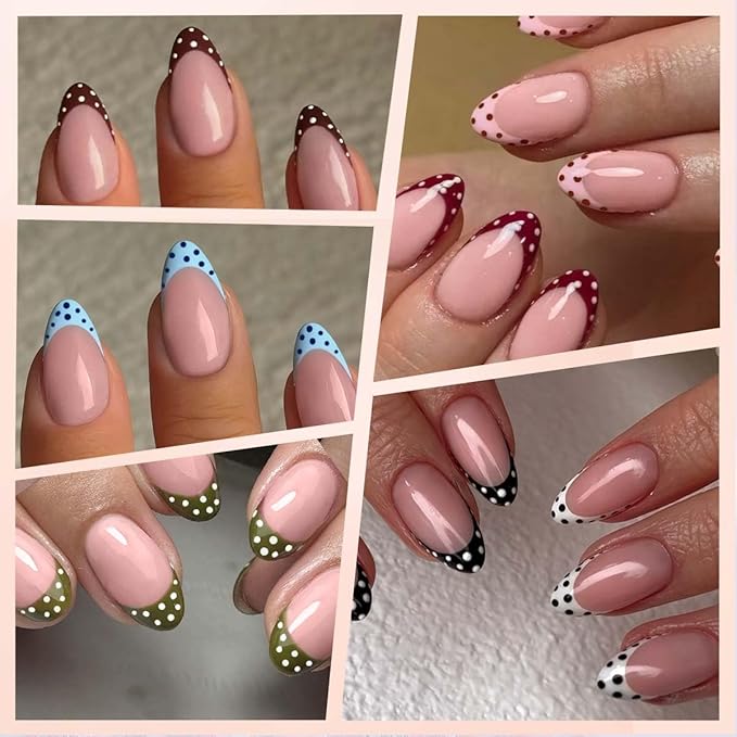 Polka Dot Press on Nails Short Almond Fake Nails 9 Colors French Tip Nails Press ons with Design Reusable Artificial Nail in 12 Sizes Full Cover Stick on Nails for Women Manicure Decorations 216Pcs