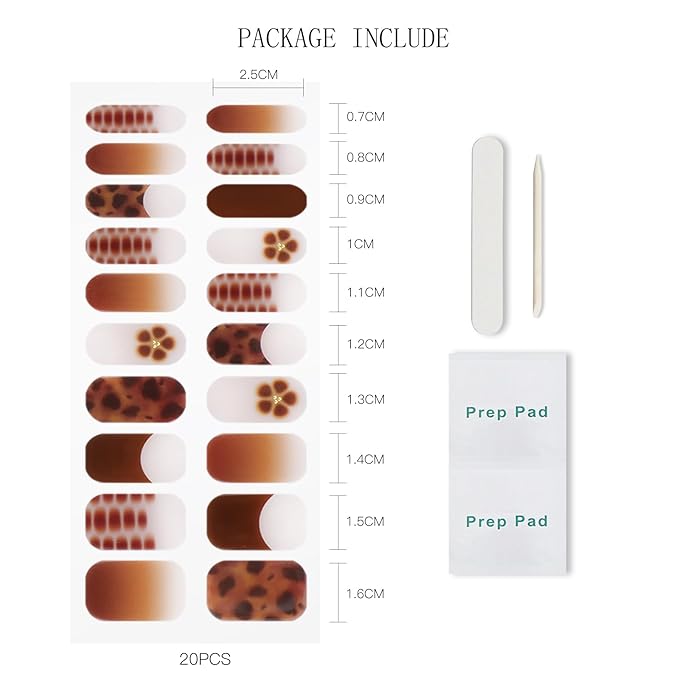 JMEOWIO Gel Nail Stickers Coffee Flower French Tip Semi Cured Gel Nail Strips Wraps UV/LED Nails Art Design Decoration Accessories