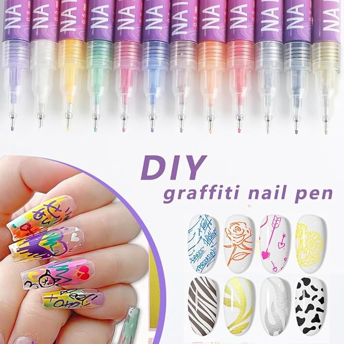 Nail Art Pens, 12 Colors Nail Art Markers Polish Pen with 3 Pcs Painting Stencils Set for 3D Nail Art, Drawing Painting Liner Brush for DIY Nail Art Beauty Adorn Manicure Tools (colorful 12 color)