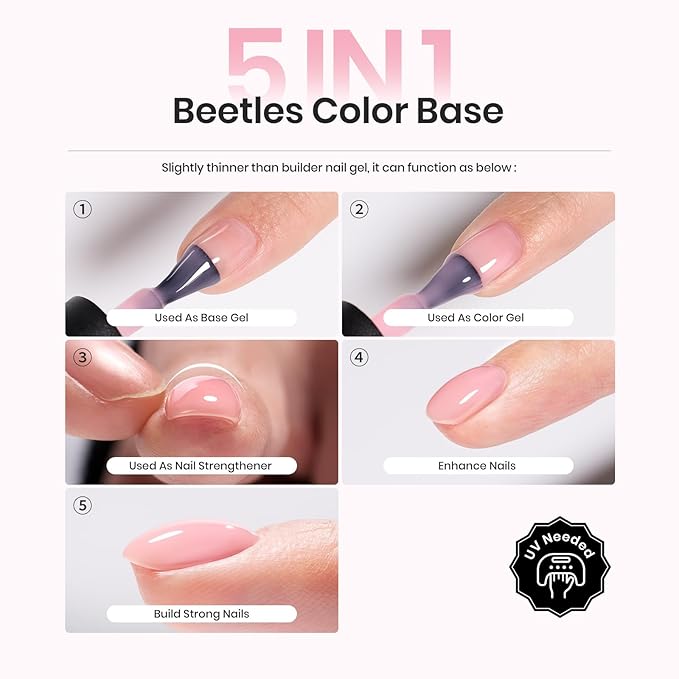 Beetles Rubber Base Gel, Nude Pink 6 Color Base Gel Polish Set, 5-in-1 Strengthening, Repairing & Smoothing Nail with Natural Nude Color, U V LED Lamp Cure Self-Leveling Nail Art Gift for Women