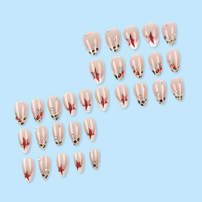 Almond Press on Nails Short Length MABKJLF French Tip Fake Nails False Nails with Stars Leopard Print Rhinestones Cute Cherry Designs Glossy Glue on Nails Stick on Nails for Women Girls 30Pcs