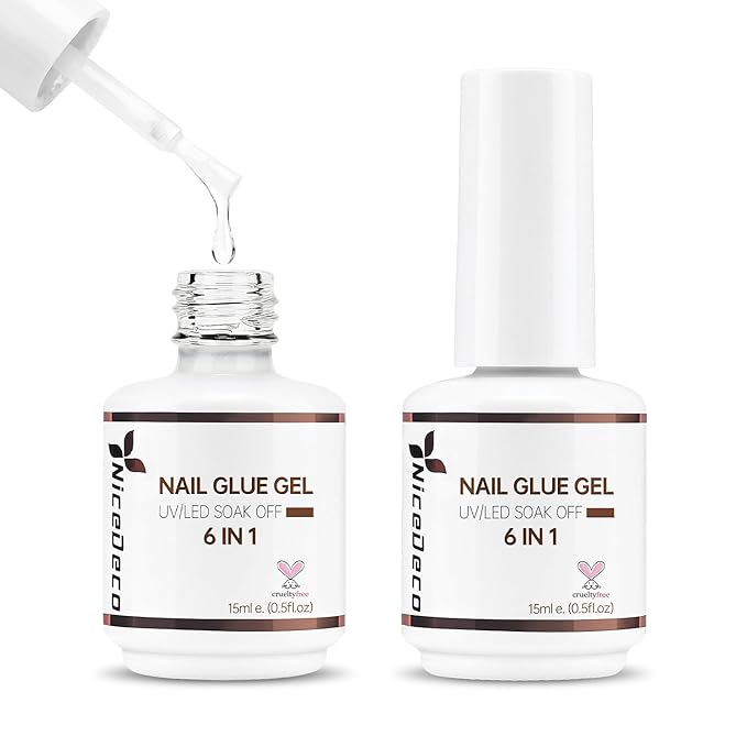 Nicedeco Gel Polish 6 in 1 Nail Glue Gel for Acrylic Nails, Hema Free, Cruelty Free, Vegan 2 Pcs 15ml Super Strong Brush in Nail Gel Glue for False Nails Tips and Gel Nail Polish Led Lamp Required