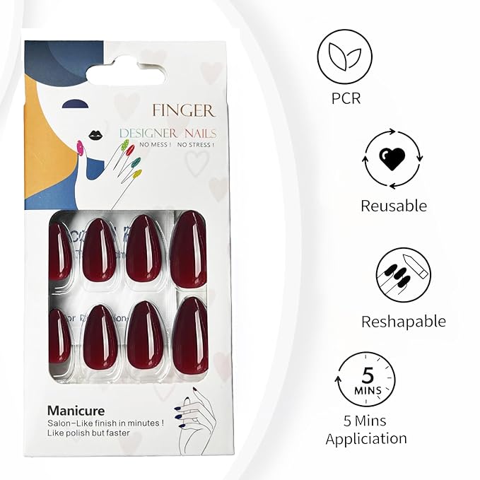 Cherry Red Press On Nails Almond -Short Press On Nails with Nail Glue, Fit Perfectly & Natural Reusable Stick On Nails in 12 Sizes - 24PCS Soft Gel Glue On Nails Kit