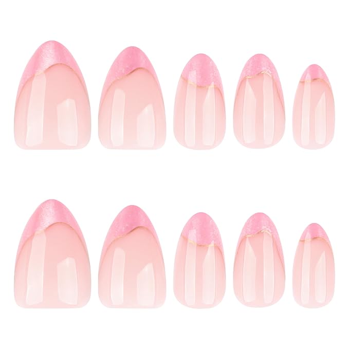 French Press On Nails Almond Short, Nude with Pink Shimmery French Tips and Gold Line Accents, Glossy Reusable Acrylic Glue-On Nails Kit for Women, 24PCS – Gilded Pink Shimmer