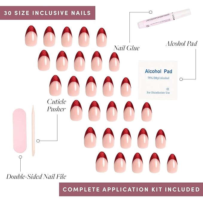 Glamnetic Press On Nails - Red Affair Fake Nails | Short Almond Red Glitter French Tip Nails with a Glossy Finish | 15 Sizes - 30 Nail Kit with Glue