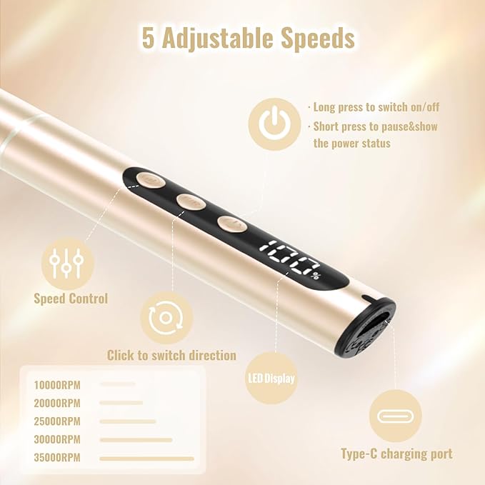 Electric Nail Drill Cordless, 35000RPM Portable Electric Nail File with LCD Display and 12 Nail Drill Bits for Acrylic & Gel Nails, Professional Manicure & Pedicure Kit Set Golden