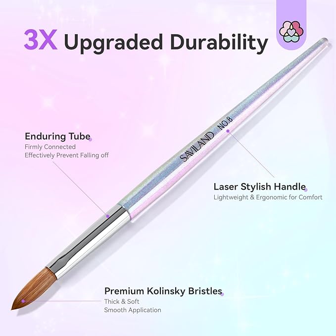 SAVILAND Kolinsky Acrylic Nail Brush: Size 8 Professional Nail Art Brush for Acrylic Application Kolinsky Acrylic Brush for Nails Extension, Kolinksy Nail Tools for Women Home Salon Use Aurora Handle