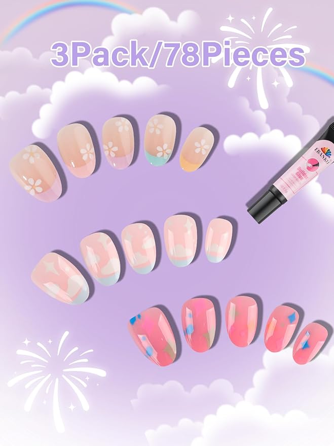 78 Pieces Press on Nails for Kids, EBANKU 3 Pack Kid Fake Pink Star Flower Short Artificial False Nail Kits for Kids Girls 6-12 Years with Nail Glue