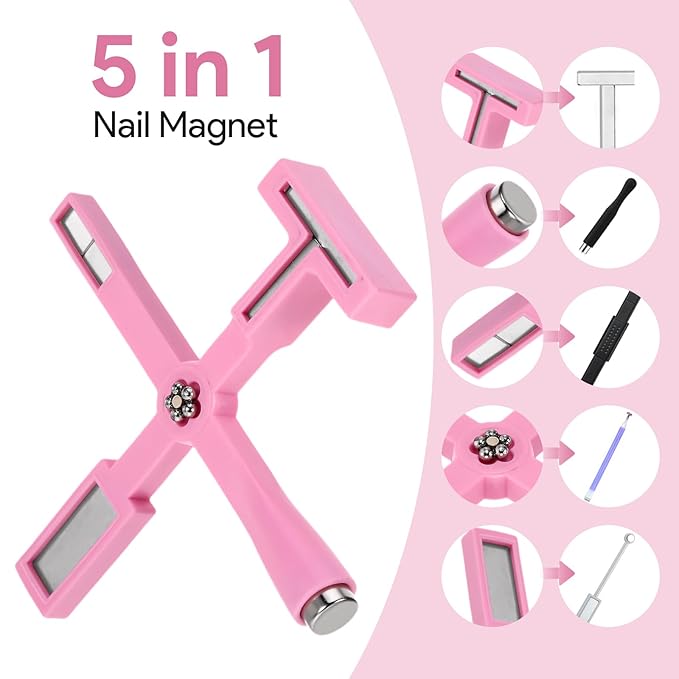 5 Pcs Cat Eye Magnet for Nails Polish, 3-in-1 Nail Art Magnet Pen set Magnetic Cat Eye Gel Nail Polish Accessories Art Design Kit Tools, Multifunctional Magnet for Cat Eye Gel Polish Set for Home Pink