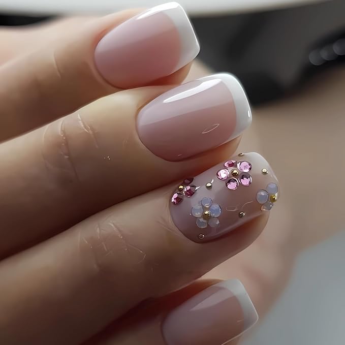 Press on Nails Short Square MABKJLF Fake Nail White French Tip False Nails with Rhinestones Flower Gold Ball Designs Glossy Glue on Nail Spring Full Cover Acrylic Nails for Women Girls 24Pcs