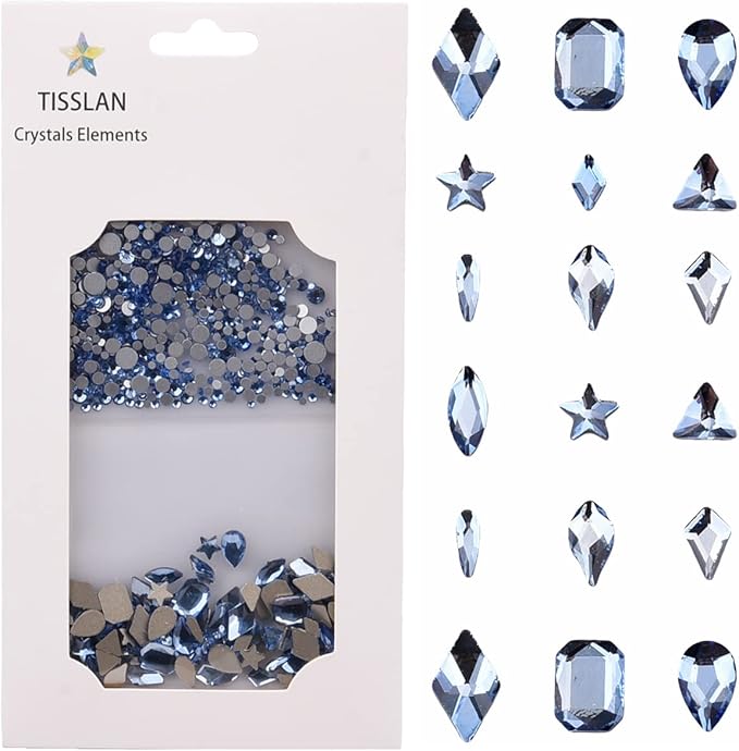820pcs Light Sapphire Multi Shapes Stone Nail Art 3D Charms Glass Flatback Nail Rhinestone Crystals Set for DIY Crafts