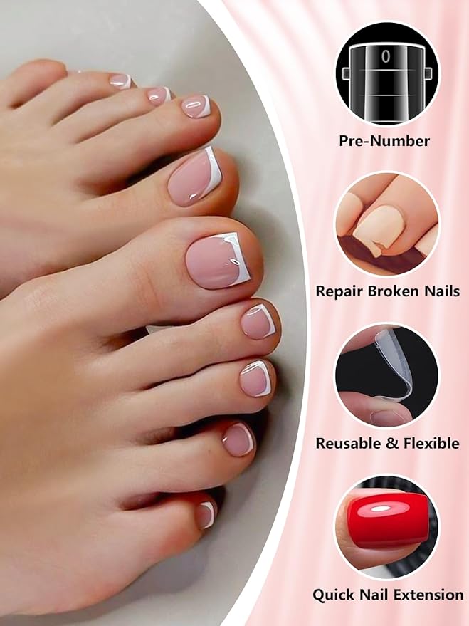 240 Pcs Poly Gel Toe Nail Form Kit - EBANKU Reusable Dual Toe Molds for Acrylic Extensions and Pedicure | Full Cover Nail Tips with Dual-Ended Gel Brush and Nail File | At-Home or Professional Use