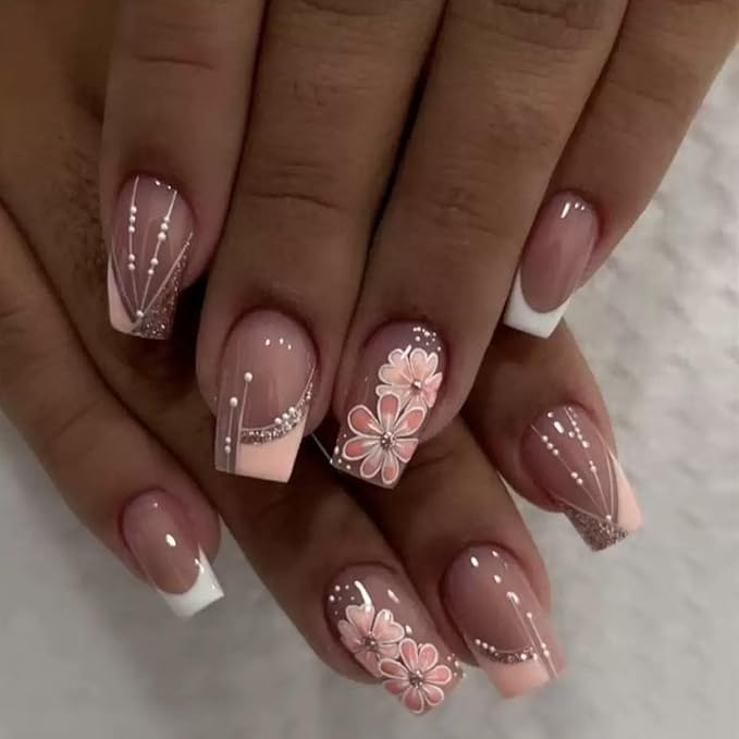 Press on Nails Square - Medium Fake Nails with Flower Design - French Tip, Pink False Nails Press ons - for Women 24 Pcs