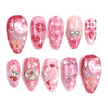 Valentines Fake Nails Medium Almond Press on Nails Heart Nails Press Ons Bow False Nails with Pearl Design Pink Stick on Nail Glossy Full Cover Glue on Nail for Women Decoration Set 30Pcs