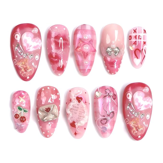 Valentines Fake Nails Medium Almond Press on Nails Heart Nails Press Ons Bow False Nails with Pearl Design Pink Stick on Nail Glossy Full Cover Glue on Nail for Women Decoration Set 30Pcs