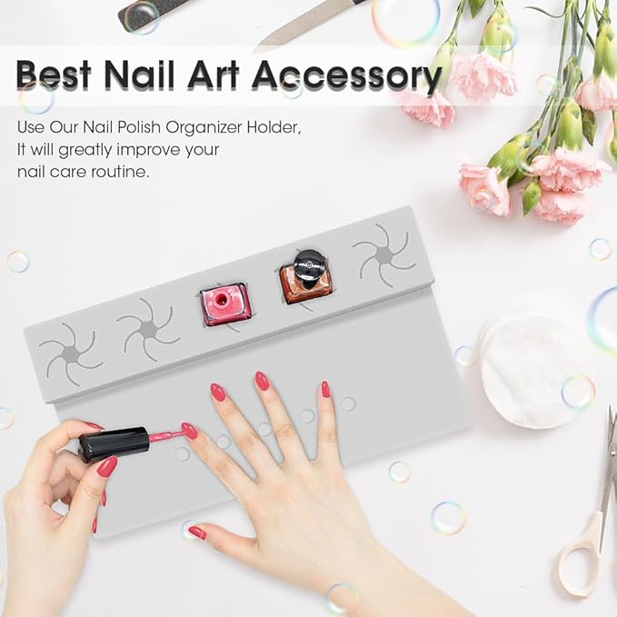 Nail Polish Holder,Silicone Hand Rest Mat Fingernail Painting Tools 2 in 1 Art Accessories Organizer Case Set with Anti-Spill Bottle Stand and Finger Separators for Pedicure Manicure(Grey)