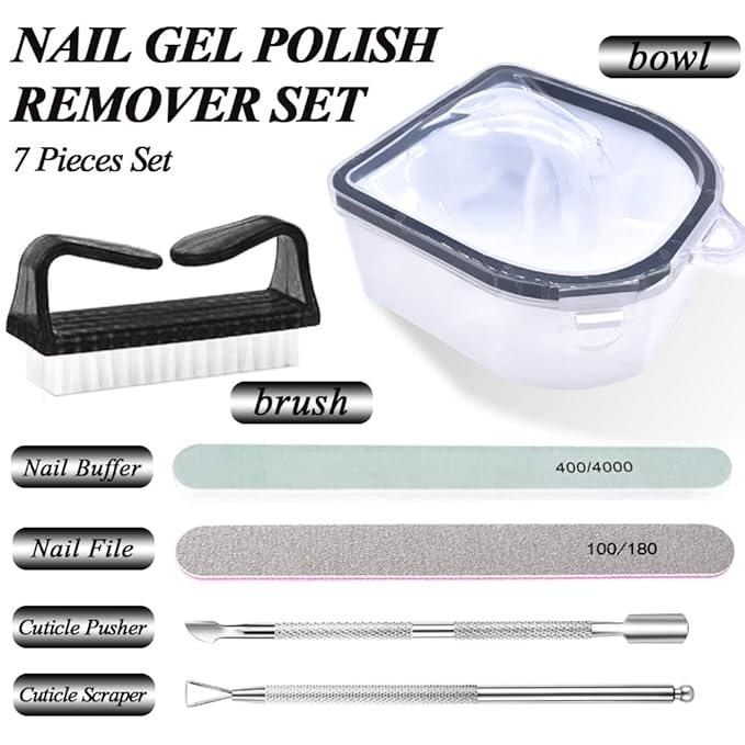 Nail Soaking Bowl, Gel Nail Polish Remover Kit, Manicure Bowl for Hand, Dip Powder Remover Tools, Nail Soak Off Bowl for Acrylic Nails, Nail Brush, Cuticle Pusher, Cuticle Peeler, 100/180 Nail File, Buffer Block-Black