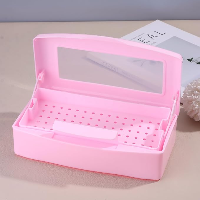 Nail Tool Sterilizer Box Plastic Disinfectant Container for Nail Art Accessories Tools, Sterilizer Soaking Box with Strainer Pedicure Manicure Cleaning Equipment, Pink