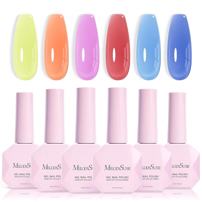 MelodySusie Jelly Gel Nail Polish Set,6 Transparent Colors,Milky or Jelly Texture,Pastel Rainbow Colors Soak Off UV LED Light Cure or Salon Manicure and Nail Art DIY at Home 15ML 0.3Fl Oz
