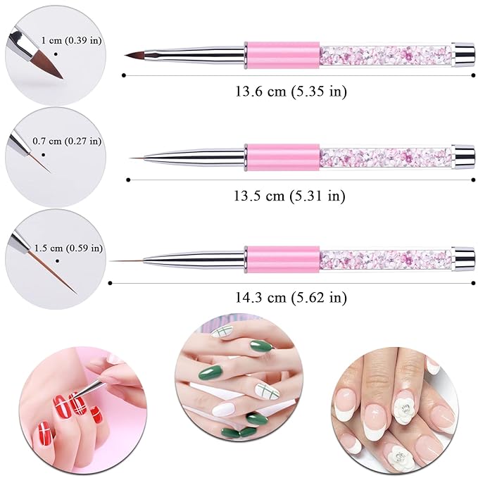 3-Piece Nail Art Brush Set - Rhinestone-Handled Gel Polish & Liner Brushes, 7&15 mm, for Salon & Home DIY Manicure (Pink)