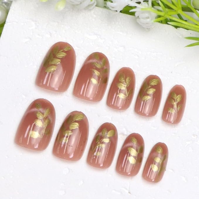 Press on Nails Short Oval Fake Nails with Cat Eye Gold Leaves Designs Nude Pink Glue on Nail Glossy Acrylic Nail Cute Daily Wear Simple Fall Stick on Nail for Women 24 Pcs