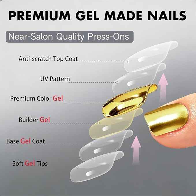 Chrome Press on Nails Short Square, Metallic Gold Fake Nails with a Sparkle Mirror Finish, Glitter Glue on Nails for Women Birthday Party, Thick Quality Soft Gel Nail Press ons 30 Pcs