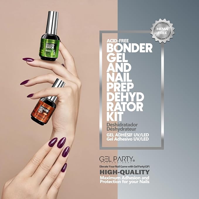 GELPARTY Nail Prep Kit 2x15ml – HEMA-Free Dehydrator & Acid-Free Primer Set for Acrylic, Gel, UV/LED & Press-On Nails – Strong Adhesion, No Burn, Fast-Dry Bonding Agent for Professional & DIY Use