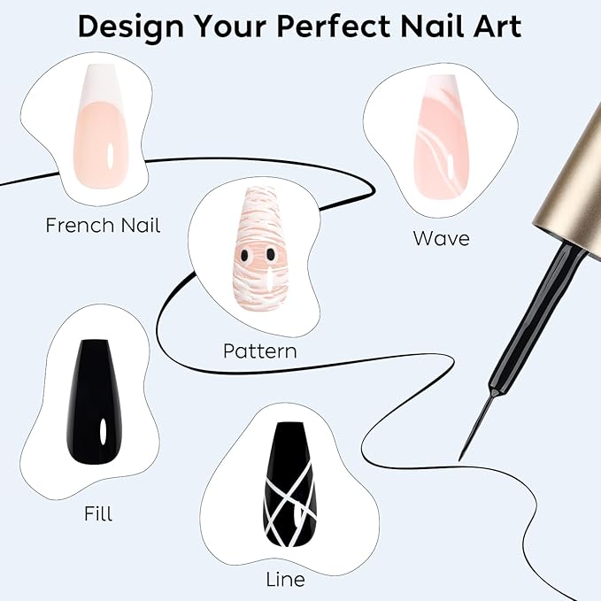 AIMEILI Gel Polish Nail Art Liner, Hema Free, Cruelty Free, Vegan, Black White Nail Paint Build in Thin Brush for Swirl French Tips Manicure DIY