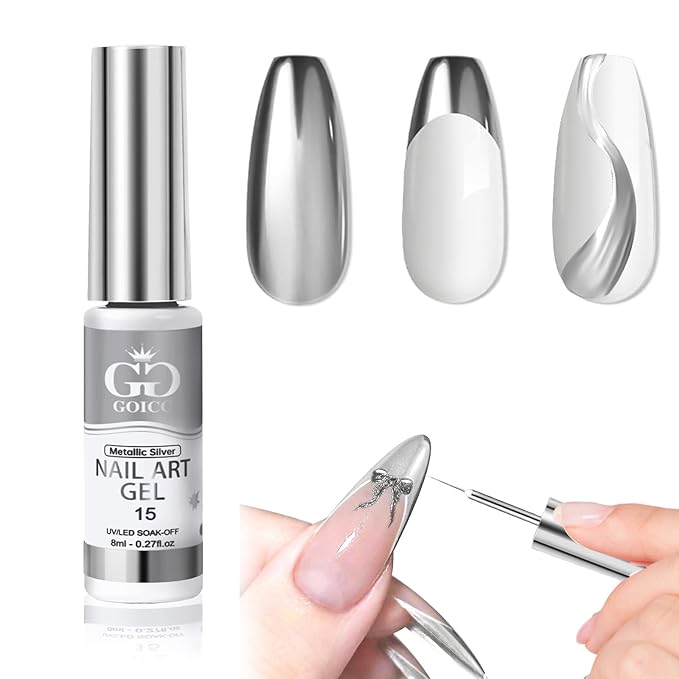 Metallic Gel Nail Polish Sliver Gel Liner For Nail Art Chrome Silver Nail Polish 8ml 3D Mirror Chrome Effect Painting with Thin Brush French Nail Design Curing Requires